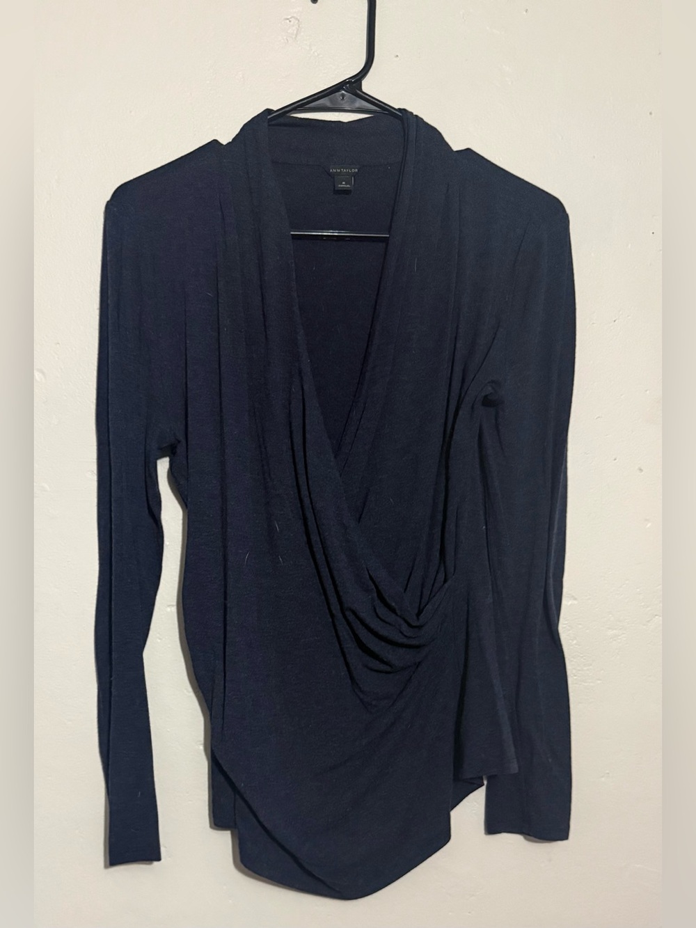 Ann Taylor Navy Draped Surplice Long Sleeve Top